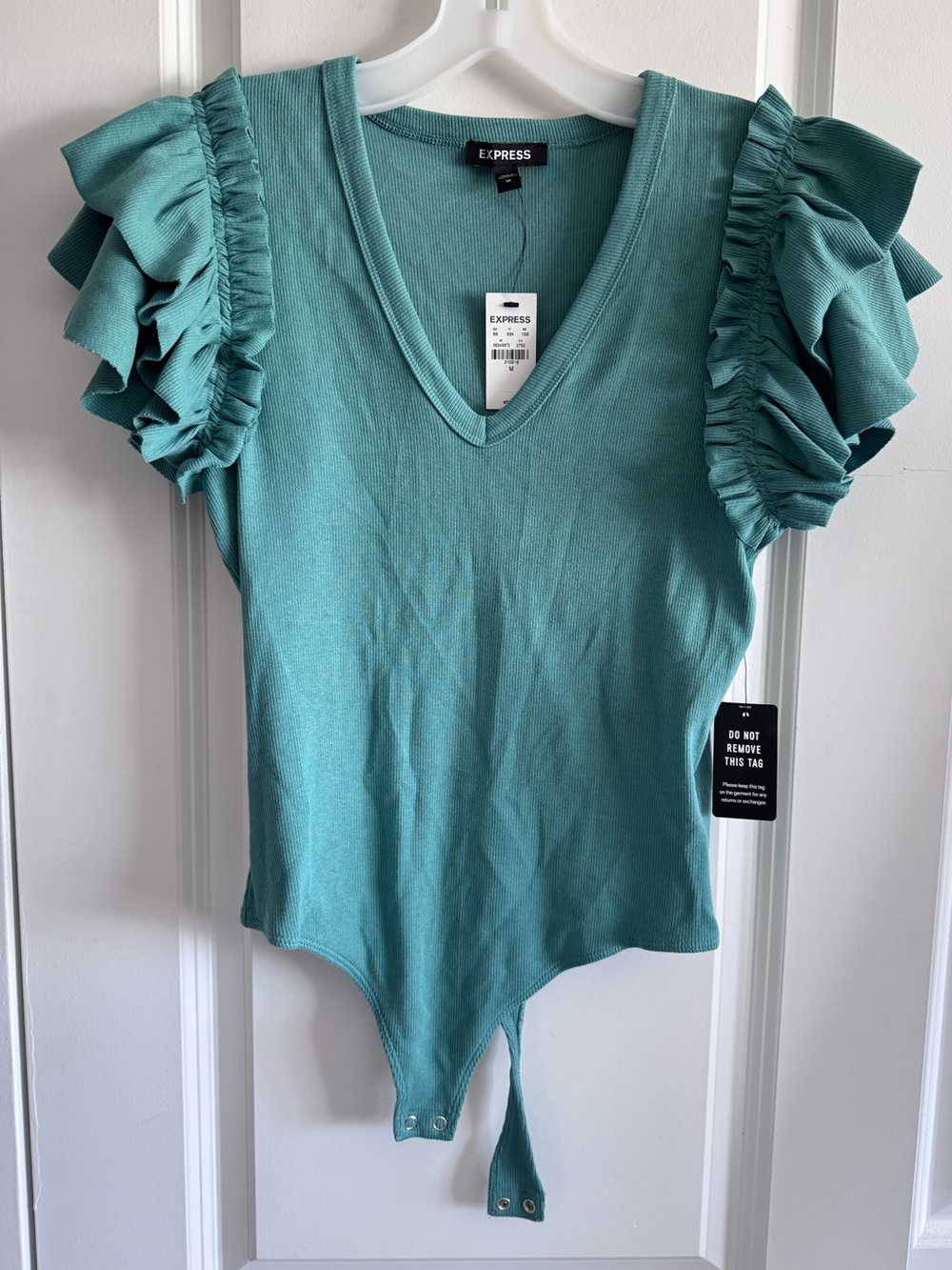 Express Teal Ruffle Sleeve V-Neck Bodysuit